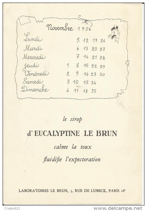 DUBOUT CALENDRIER MOIS DE NOVEMBRE 1956 GRAVURE DE 17 CM X 23 CM  PUBLICITE LABORATOIRES LE BRUN 5 RUELUBECK PARIS 16 ° - Dubout