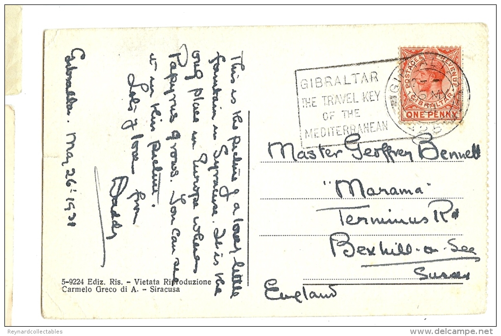 1931 Siracusa Fonte Aretusa Ppc/cpa Used Gibraltar Slogan Postmark To UK - Siracusa