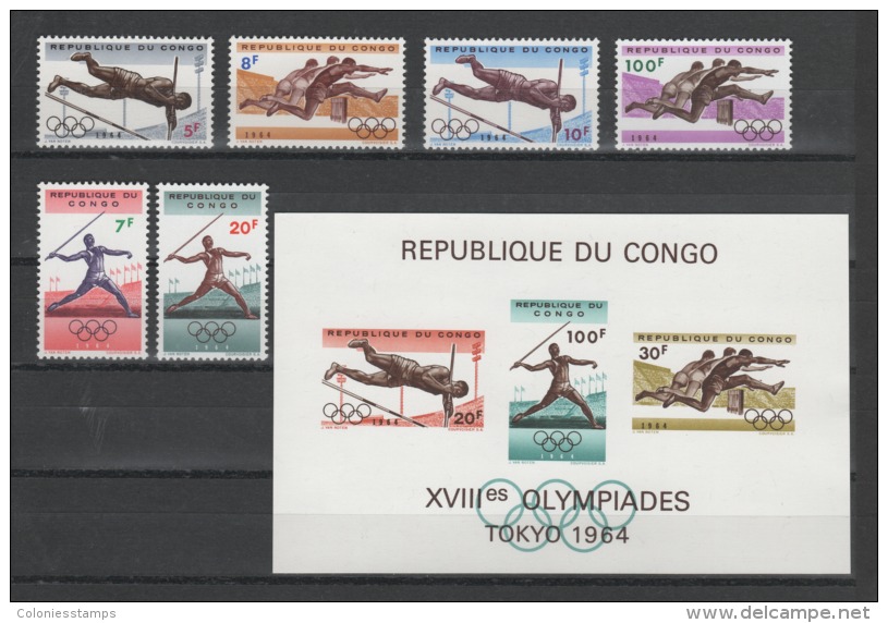 (S0221) CONGO (KINSHASA), 1964 (Summer Olympic Games, Tokyo). Complete Set + Souvenir Sheet. Mi ## 169-174, B5. MNH** - Ungebraucht