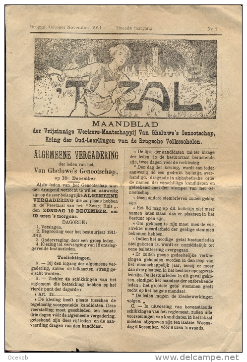 Krant - Maandblad 'T ZAL - Brugge 1911 - Vrijzinnige Werkers Van Gheluwe 's Genootschap - Met Programma - Sonstige & Ohne Zuordnung