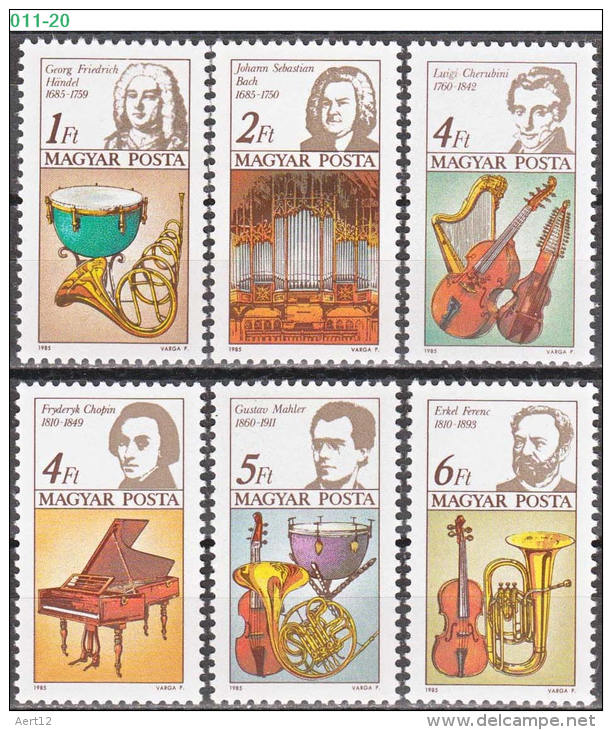 HUNGARY, 1985, European Music  Year, Composers And Instruments, Handel, Bach, Chopin, Erkel, MNH (**), Sc 2938-2943 - Unused Stamps
