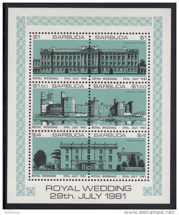 Barbuda MNH Scott #495 Sheet Of 6 Buckingham Palace, Caernarvon, Highgrove House Green - Royal Wedding Charles And Diana - Antigua Et Barbuda (1981-...)