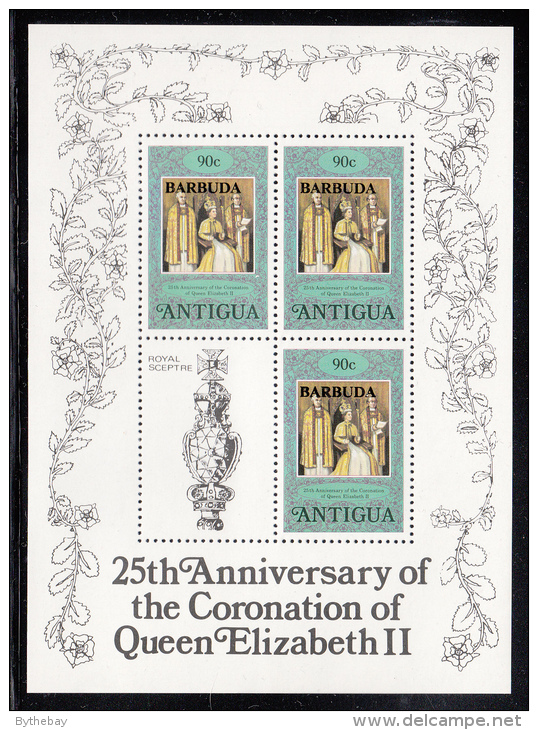 Barbuda MNH Scott #352 Sheet Of 3 Plus Label 90c Queen Elizabeth II 25th Ann Coronation - Barbuda (...-1981)