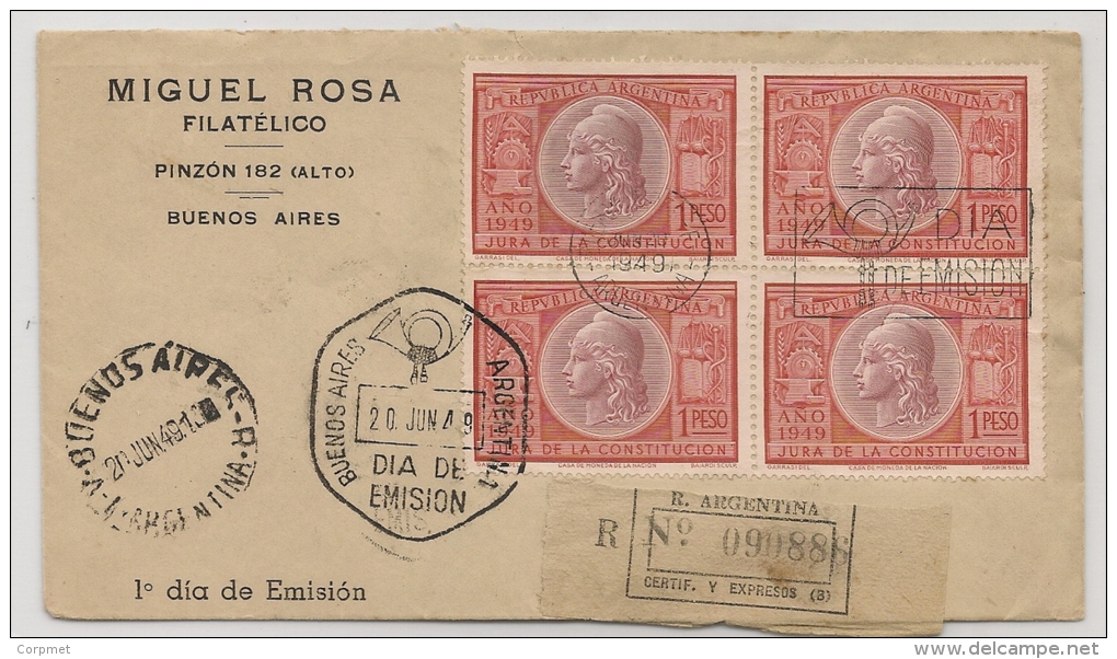 ARGENTINA - 1949 REGISTERED EXPRESO FDC Block Of 4 Yvert # 501 - FDC