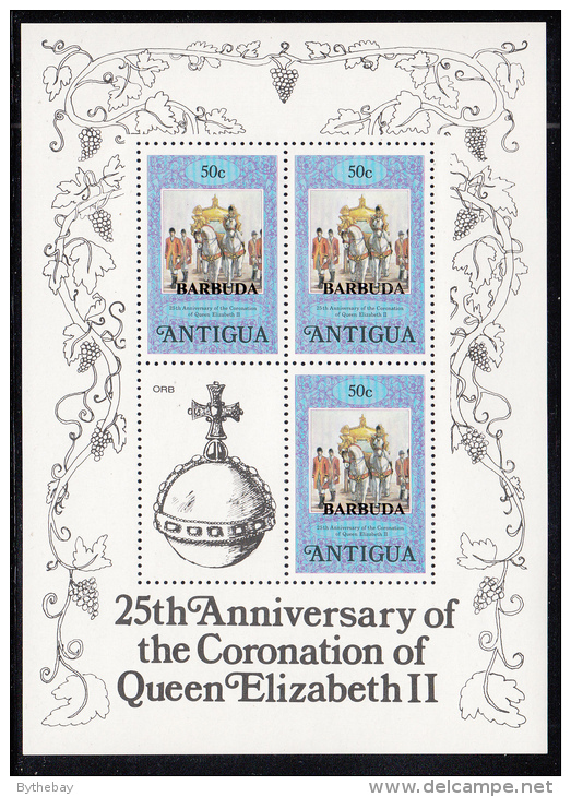 Barbuda MNH Scott #351 Sheet Of 3 Plus Label 50c Queen Elizabeth II 25th Ann Coronation - Barbuda (...-1981)