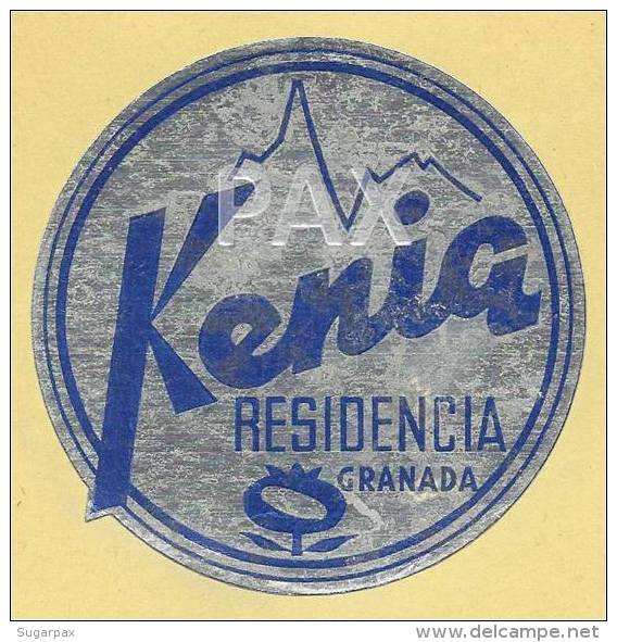 SPAIN &#9830; GRANADA &#9830; KENIA RESIDENCIA &#9830; ESPAÑA &#9830; VINTAGE LUGGAGE LABEL &#9830; 2 SCANS - Adesivi Di Alberghi