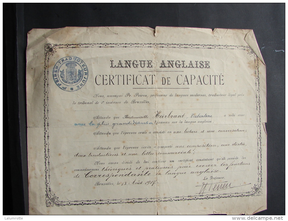 MD. 2. 29. Certificat De Capacité De Langue Anglaise Attribué à Valentine Heirbrant En 1917. - Historische Documenten