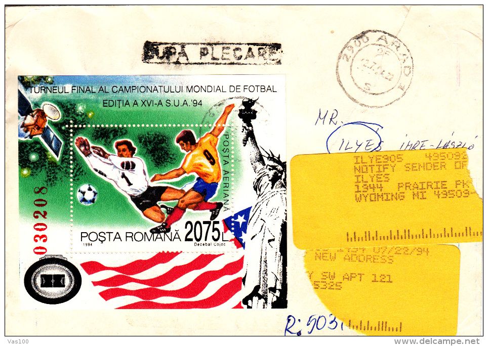 SOCCER, FOOTBALL, USA'94 WORLD CUP, STAMP ON REGISTERED COVER, 1994, ROMANIA - 1994 – Estados Unidos