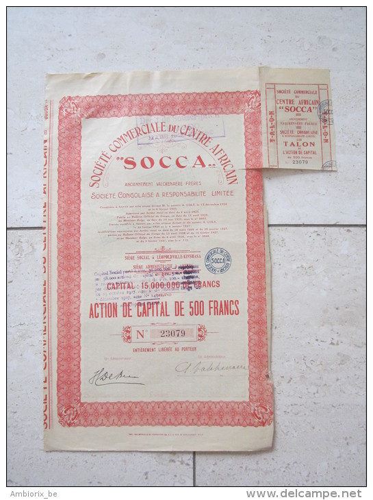 SOCCA - Société Commerciale Du Centre Africain - Anciennement Valckenaere Frères - Action De Capital De 500 Francs - Afrika