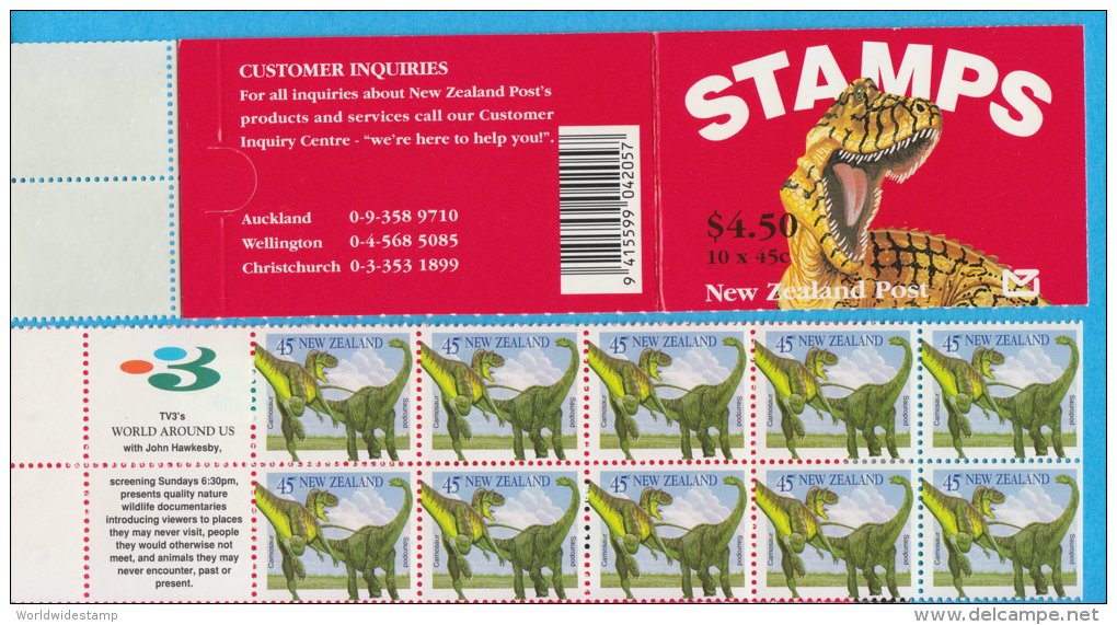 New Zealand Stamp Booklet: 1993 Dinosaurs, $4.50 NZ137021 - Carnets