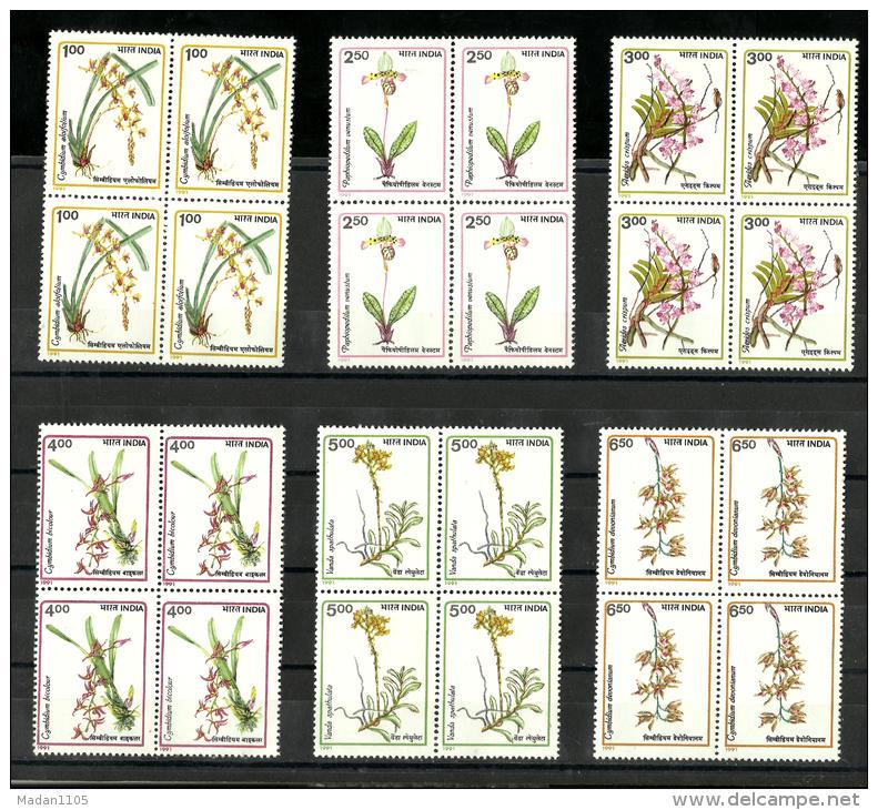 INDIA, 1991, Orchids, Set 6 V, Blocks Of 4, MNH, (**) - Neufs