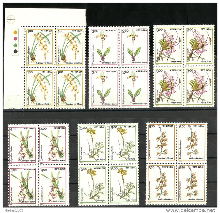 INDIA, 1991, Orchids, Set 6 V, Blocks Of 4  Incl One With  Traffic Lights,  MNH, (**) - Ungebraucht