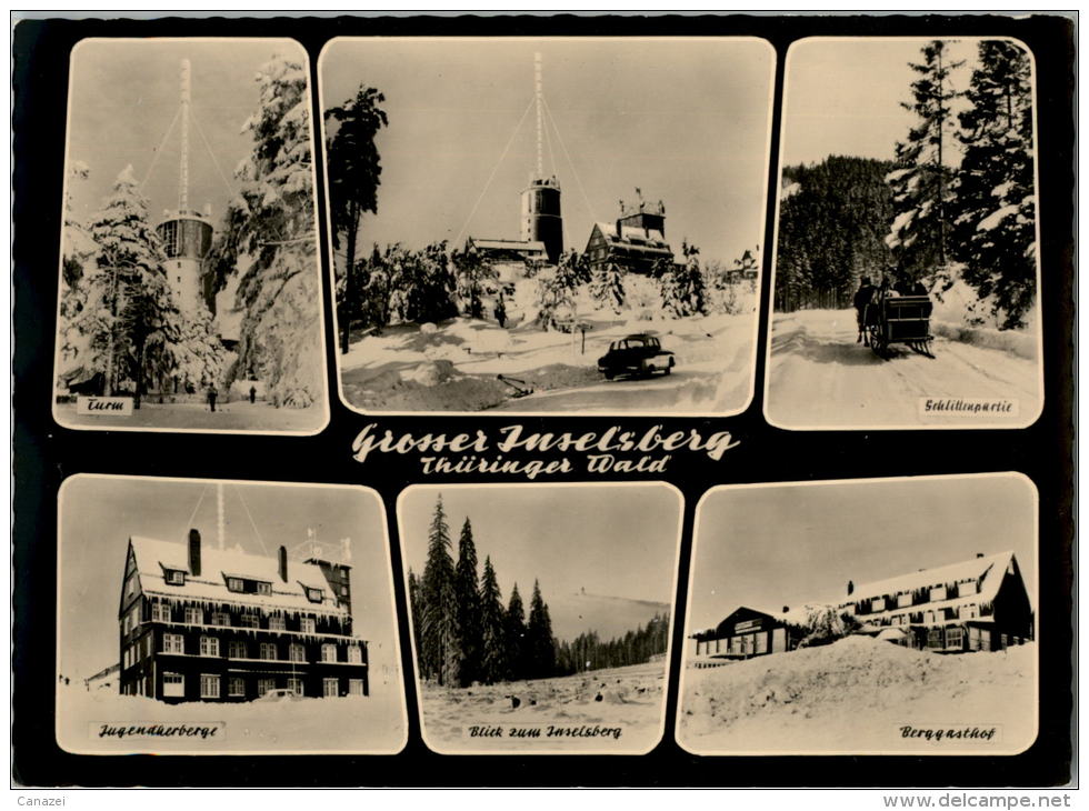 AK Großer Inselsberg, Schlittenpartie, PKW Wartburg, Jugendherberge, Ung, 1962 - Friedrichroda