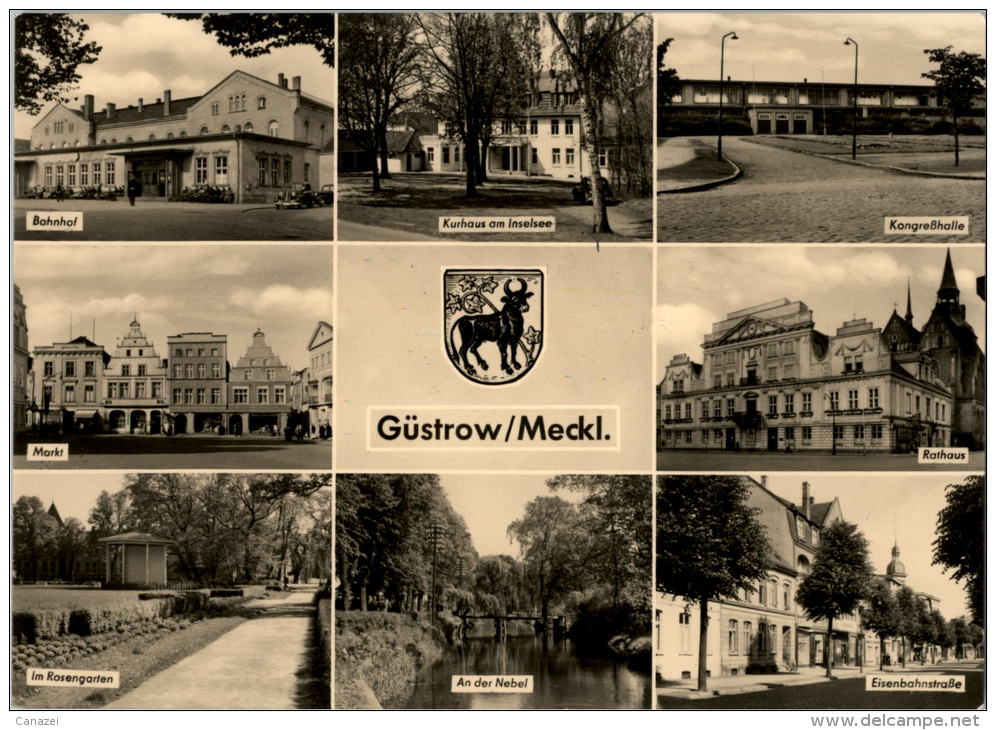 AK Güstrow, Eisenbahnstraße, Kongresshalle, Bahnhof, Markt, Ung, 1962 - Guestrow