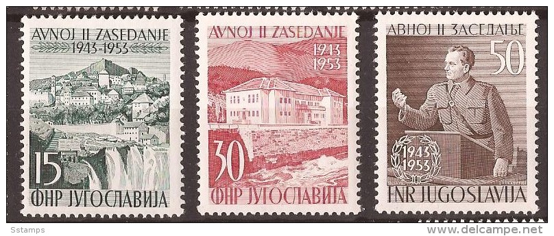 1953 X  735-37   JUGOSLAVIJA  TITO II SITZUNG AVNOJ BOSNIA CASCADE JAJCE MNH - Neufs