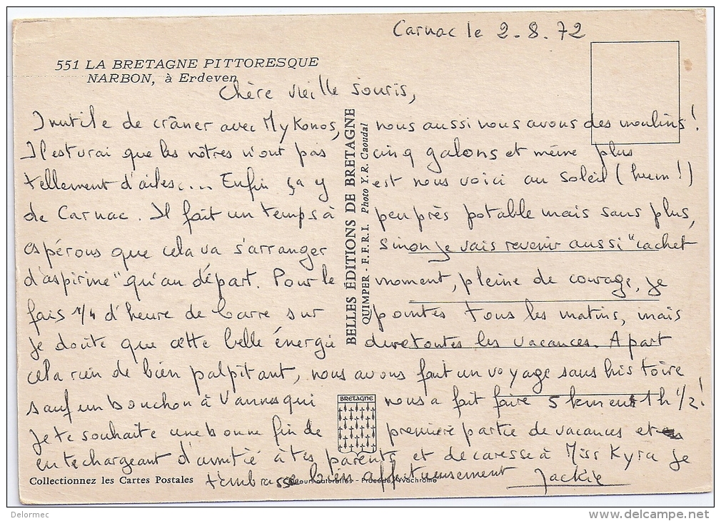 CPSM  Narbon Erdeven Morbihan 56 Moulin à Vent édit De Bretagne Quimper N°551 écrite 1972 Non Timbrée Bon état - Erdeven