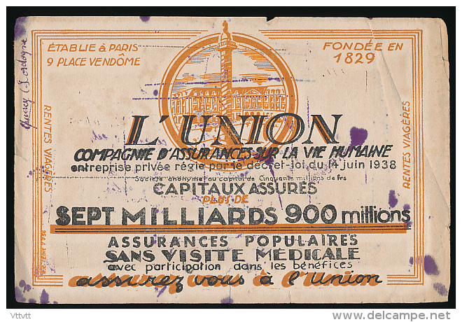 Ancien Buvard Usagé : L'Union, Compagnie D'Assurance De La Vie Humaine - Bank & Insurance