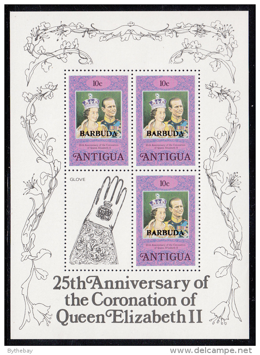 Barbuda MNH Scott #349 Sheet Of 3 Plus Label 10c Queen Elizabeth II 25th Ann Coronation - Barbuda (...-1981)