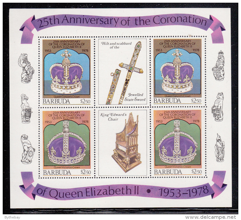 Barbuda MNH Scott #347 Sheet Of 4 $2.50 Crowns With 2 Center Labels - Queen Elizabeth II 25th Ann Coronation - Barbuda (...-1981)