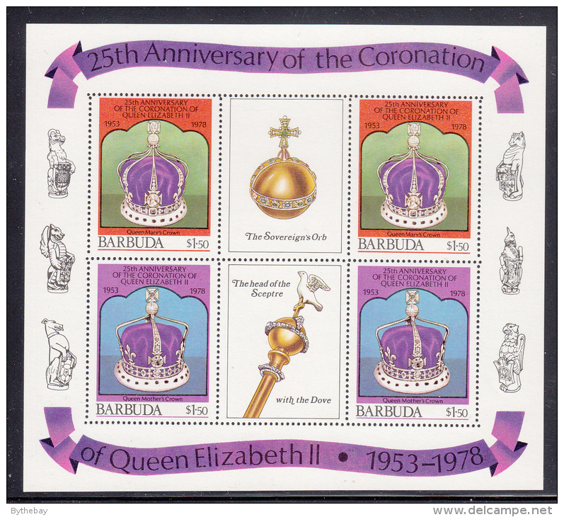 Barbuda MNH Scott #346 Sheet Of 4 $1.50 Crowns With 2 Center Labels - Queen Elizabeth II 25th Ann Coronation - Barbuda (...-1981)