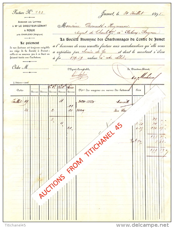 Facture De 1895 - JUMET - CHARBONNAGES DU CENTRE DE JUMET - Autres & Non Classés