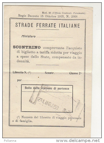 PO9487B# SCONTRINO TARIFFA RIDOTTA - BIGLIETTO TRENO - STRADE FERRATE ITALIANE 1950 - Europe