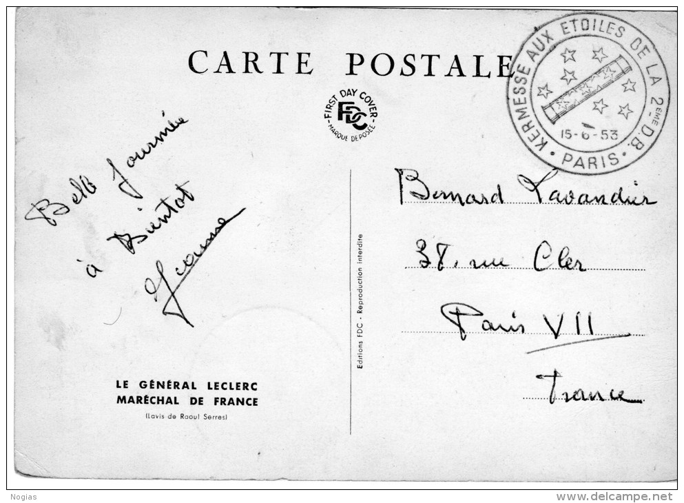 KERMESSE AUX ETOILES DE LA 2° D.B.DU 15.06.53 - PORTRAIT SOUVENIR DU GL LECLERC-MARECHAL DE FRANCE - VOIR AU VERSO - TOP - War 1939-45