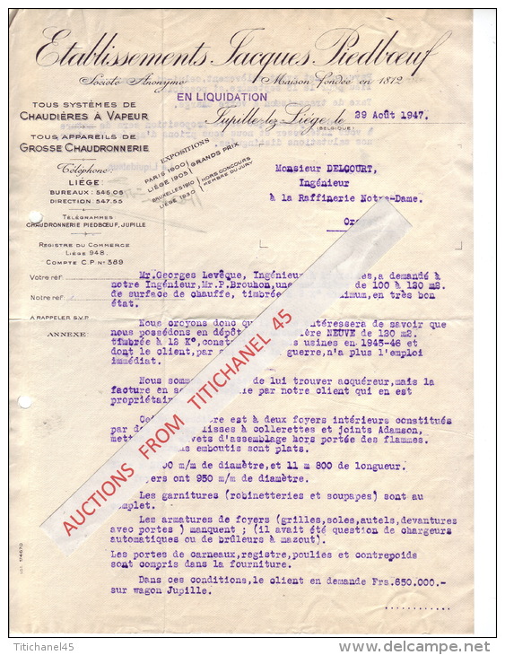 Lettre De 1947 - JUPILLE-LEZ-LIEGE - Ets. JACQUES PIEDBOEUF - Chaudières à Vapeur, Grosse Chaudronnerie - Autres & Non Classés