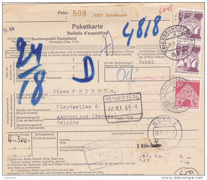 BRD 493, 2x 503 MiF Auf Auslands-Paketkarte Mit Stempel: Baierbrunn 18.11.1969 Nach Aartselaar Belgien, Zoll: Herbesthal - Lettres & Documents