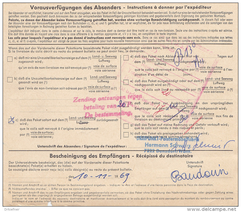 BRD 500, 503, 509 MiF Auf Auslands-Paketkarte Mit Stempel: Donzdorf 29.10.1969 Nach Hove Belgien, Zoll: Antwerpen - Lettres & Documents