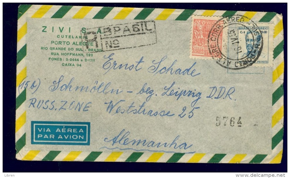 DVZAM-26 BRASIL AIRMAIL LETTRE 1955 SHIPPED BY REGISTERED MAIL TO SCHMOLLN RUSSIAN ZONE DDR. RIGHT SIDE OPENED. - Briefe U. Dokumente