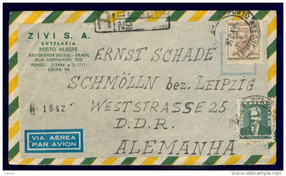 DVZAM-27 BRASIL AIRMAIL LETTRE 1956 SHIPPED BY REGISTERED MAIL TO SCHMOLLN DDR. BOTTOM SIDE OPENED. - Briefe U. Dokumente