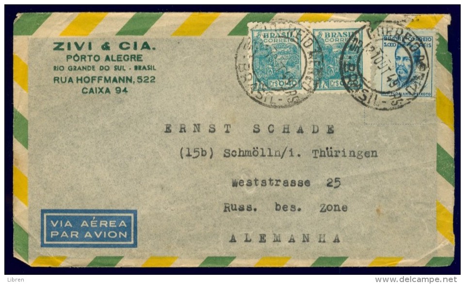 DVZAM-30 BRASIL AIRMAIL LETTRE 1949 SHIPPED TO SCHMOLLN RUSSIAN ZONE DDR. RIGHT SIDE OPENED. - Briefe U. Dokumente