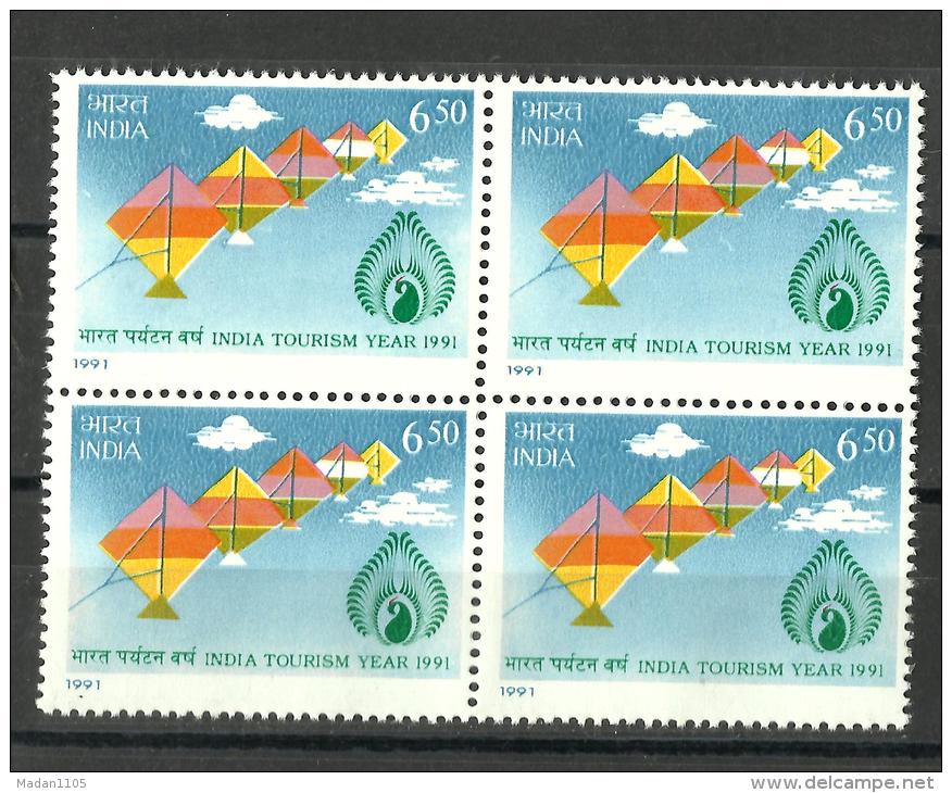 INDIA, 1991, India Tourism Year,  Kites ,  Block Of 4, MNH, (**) - Neufs