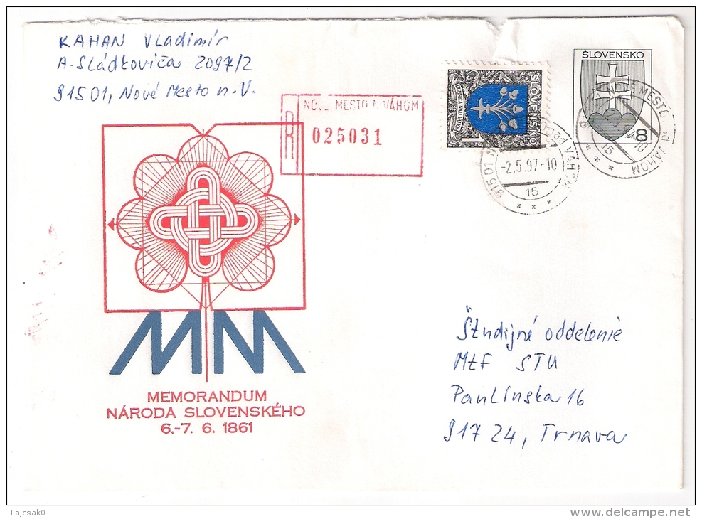 Slovakia 1997. Postal Stationery Cover Registered  NOVE MESTO Postmark - Covers & Documents