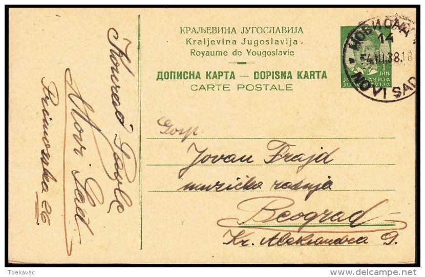 Yugoslavia 1938, Postal Stationery Novi Sad To Beograd - Briefe U. Dokumente