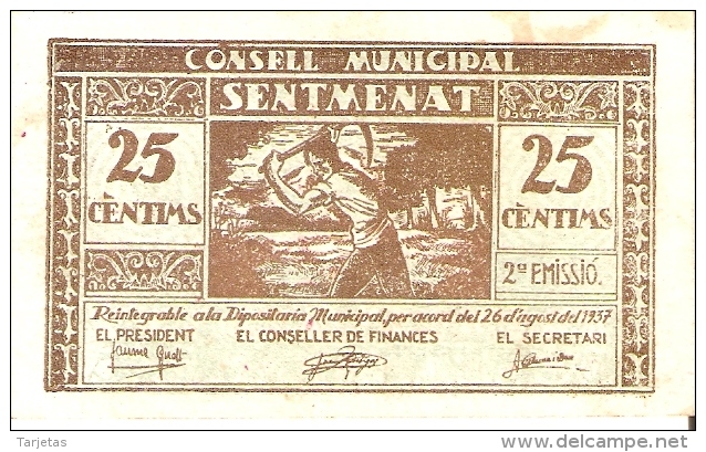 BILLETE DE 25 CTS DEL CONSELL MUNICIPAL DE SENTMENAT (SELLO ROJO) DEL AÑO 1937 (BANKNOTE) - Autres & Non Classés