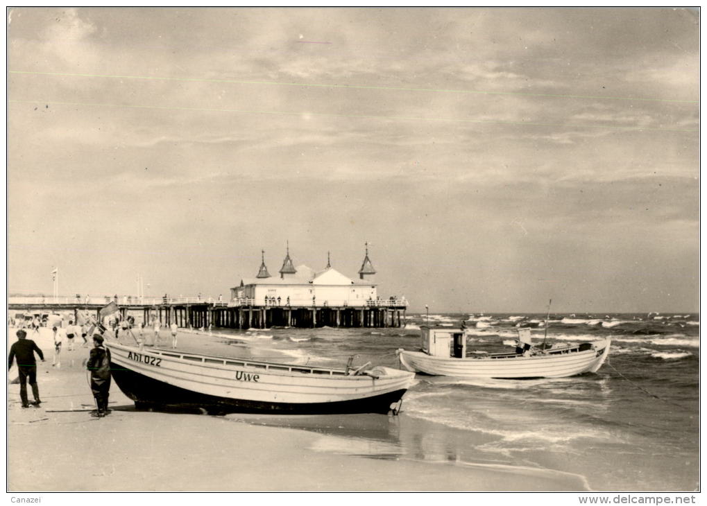 AK Ahlbeck, Strandleben, Boot, Seebrücke, Gel, 1975 - Usedom