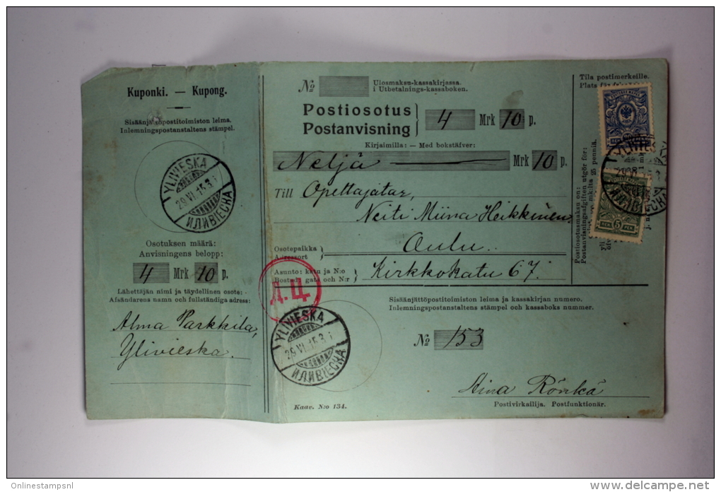 Finland Under Russian Occupation, Postanvisning/Money Order, 1915, Mixed Stamps Oulu - Covers & Documents