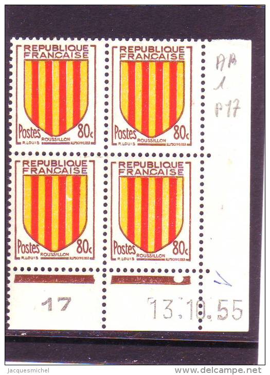 N° 1046 - 80c Blason Du ROUSSILLON - B De A+B - 1° Tirage Du 11.10 Au 13.10.53 -  Dernier Jour - - 1950-1959