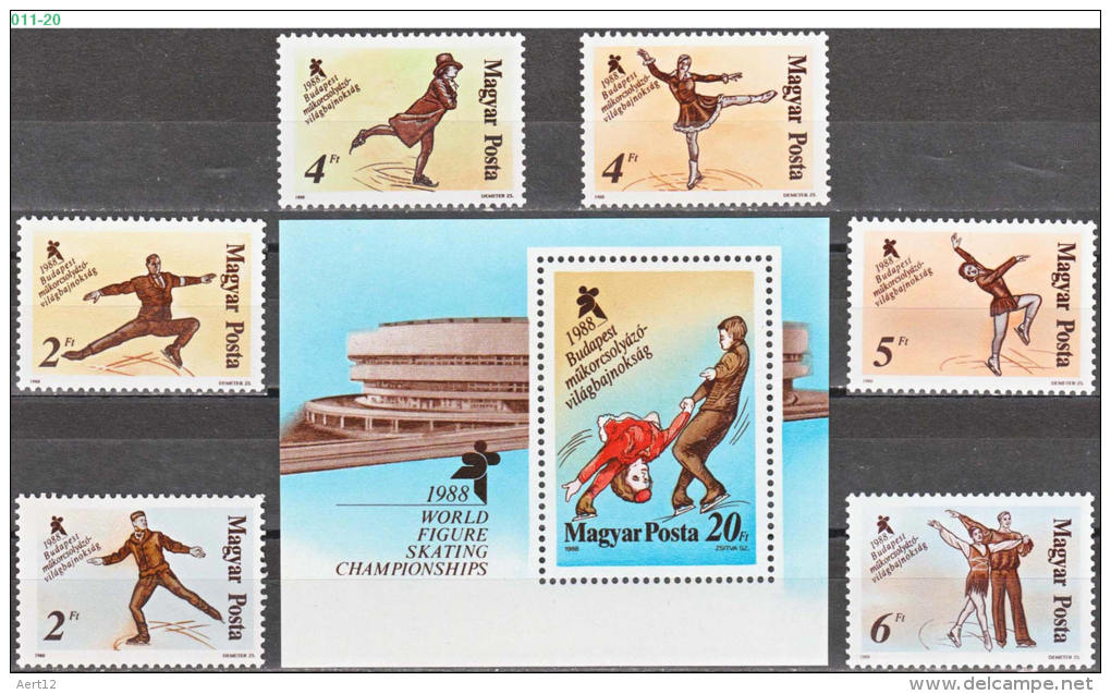 HUNGARY, 1988,World Figure Skating, Budapest, Set Of 6 + Souvenir Sheet, MNH (**), Sc/Mi 3111-3116,3117/3946-51,Bl -195 - Unused Stamps