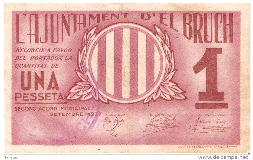 BILLETE DE 1 PTA DEL AJUNTAMENT D´EL BRUCH  DEL AÑO 1937 (BANKNOTE) - Andere & Zonder Classificatie