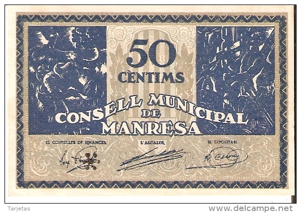 BILLETE DE 50 CTS DEL CONSELL MUNICIPAL DE MANRESA SIN CIRCULAR-UNCIRCULATED DEL AÑO 1937 (BANKNOTE) - Andere & Zonder Classificatie