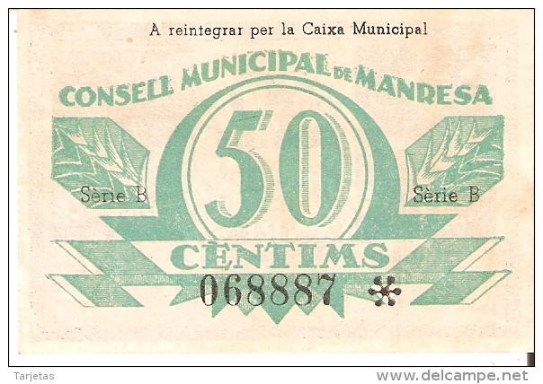 BILLETE DE 50 CTS DEL CONSELL MUNICIPAL DE MANRESA SIN CIRCULAR-UNCIRCULATED DEL AÑO 1937 (BANKNOTE) - Autres & Non Classés