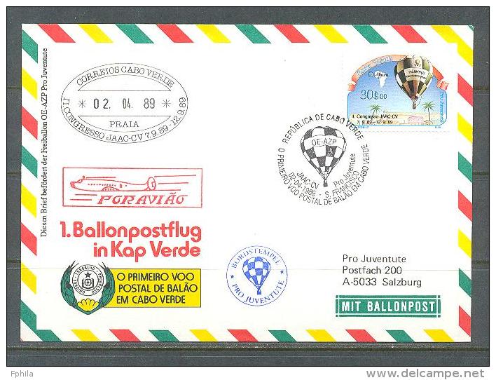 1989 AUSTRIA FIRST BALLOON MAIL ON CABO VERDE BALLOON COVER - Par Ballon