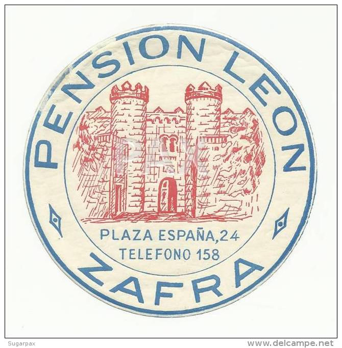 SPAIN &#9830; ZAFRA &#9830; PENSION LEON &#9830; ESPAÑA &#9830; VINTAGE LUGGAGE LABEL &#9830; 2 SCAN - Etiquetas De Hotel
