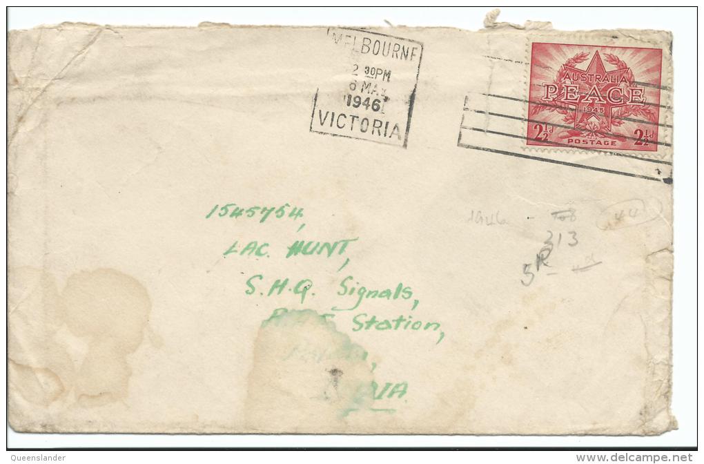 1946 Cover 2 1/2d Red Peace Stamp  Melbourne 6th May 1946 To RAF Station Palam India Roughly Opened - Covers & Documents