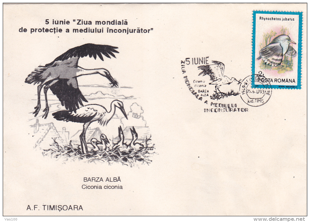 CICOGNE BLANCHE, BIRDS,MONDIAL DAY OF ENVIRONMENT,SPECIAL COVER, OBLITERATION CONCORDANTE,1993, ROMANIA - Storchenvögel