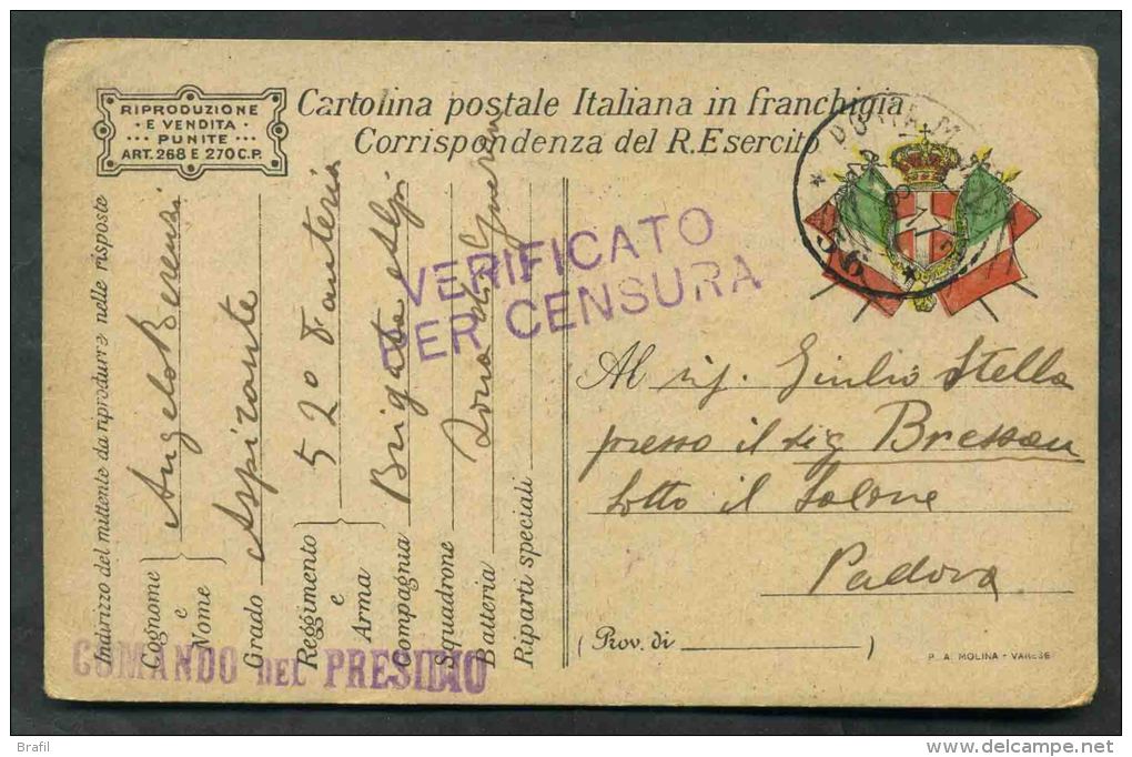 1917 Italia, Franchigia Militare Per Padova - Portofreiheit