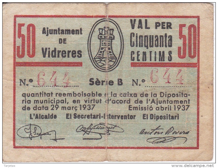 BILLETE DE 50 CTS DEL AJUNTAMENT DE VIDRERES DEL AÑO 1937 (BANKNOTE) - Andere & Zonder Classificatie